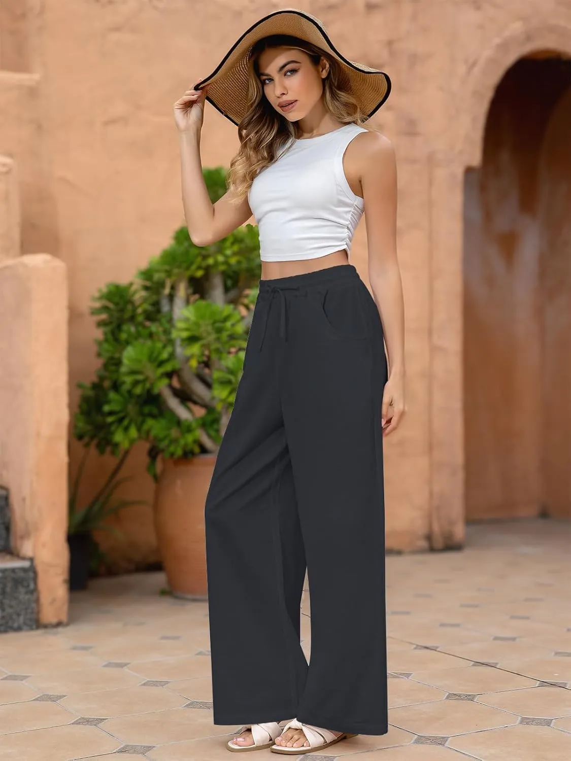 Fancysters Women Wide Leg Linen Pants, High Waisted Summer Casual Cotton Linen Palazzo Pants with Pockets