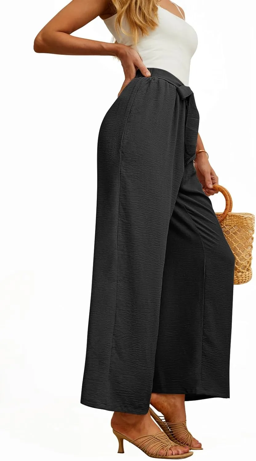Feiersi Women's Wide Leg Lounge Pants High Waist Button Palazzo Pants Lightweight Tie Knot Loose Trousers