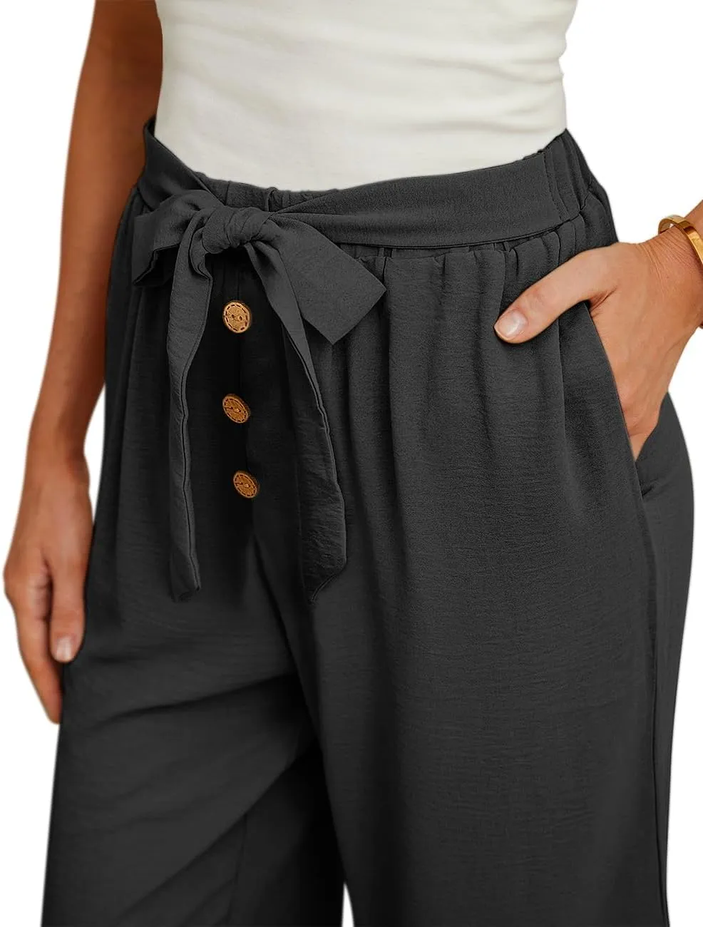 Feiersi Women's Wide Leg Lounge Pants High Waist Button Palazzo Pants Lightweight Tie Knot Loose Trousers