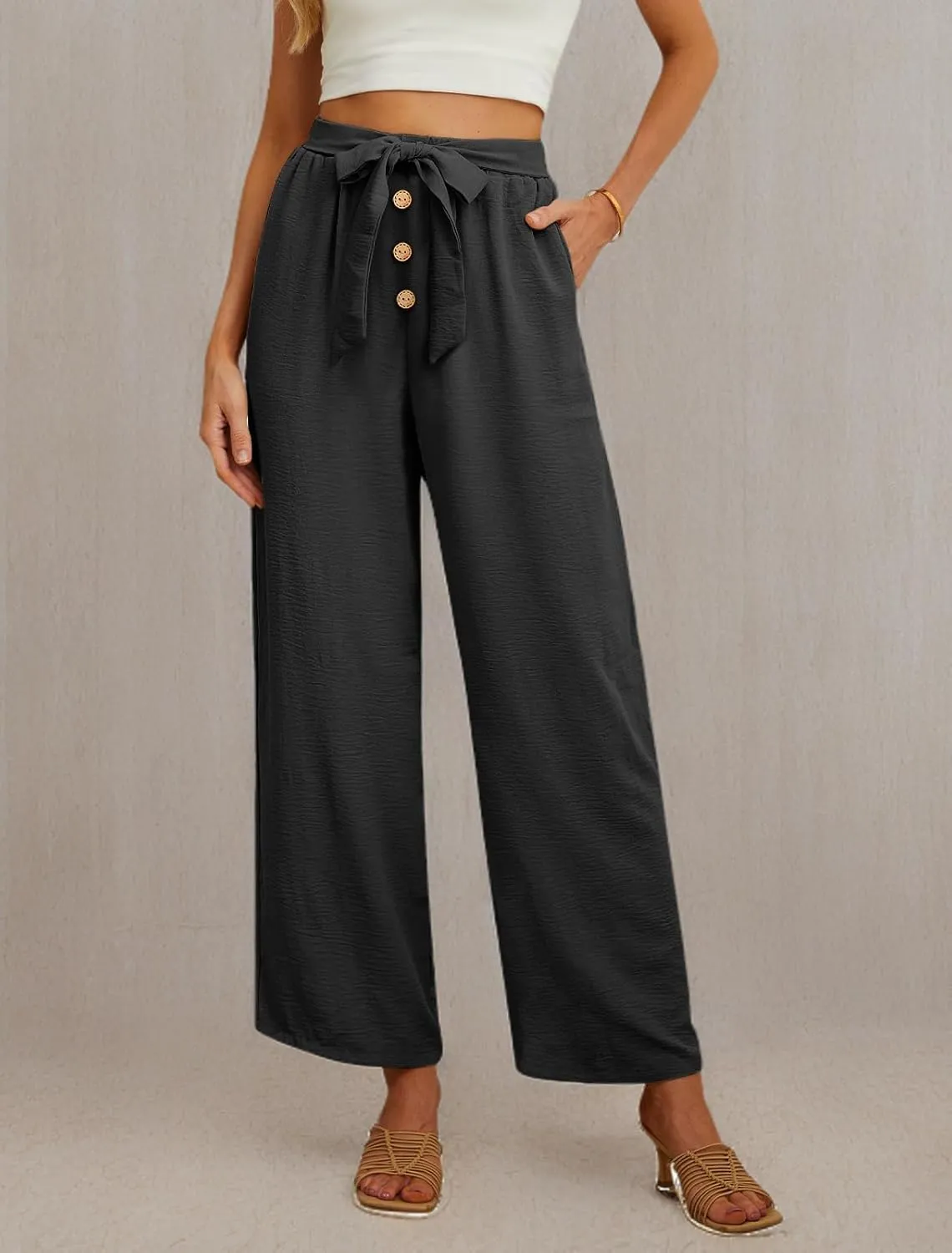 Feiersi Women's Wide Leg Lounge Pants High Waist Button Palazzo Pants Lightweight Tie Knot Loose Trousers