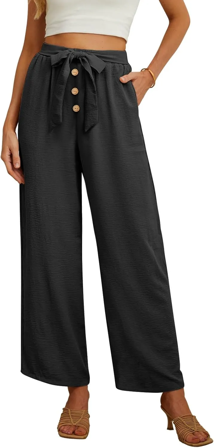 Feiersi Women's Wide Leg Lounge Pants High Waist Button Palazzo Pants Lightweight Tie Knot Loose Trousers