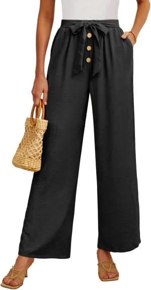 Feiersi Women's Wide Leg Lounge Pants High Waist Button Palazzo Pants Lightweight Tie Knot Loose Trousers