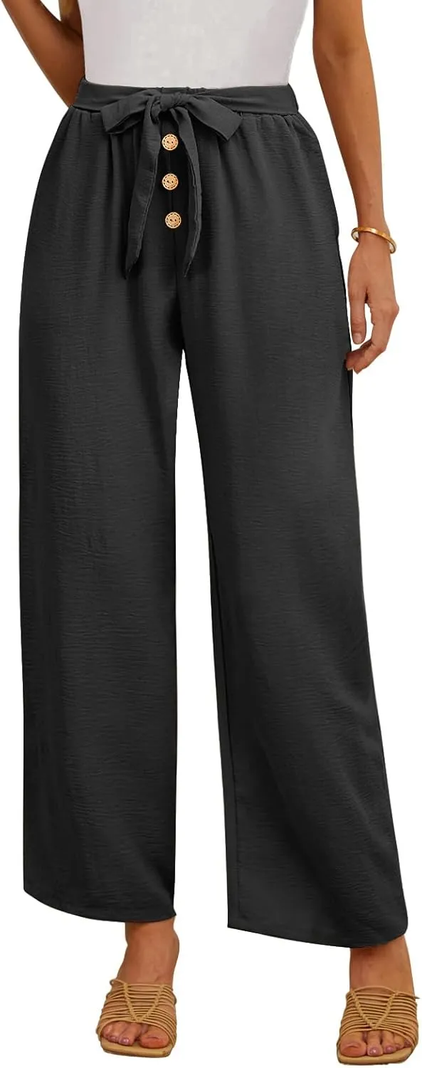 Feiersi Women's Wide Leg Lounge Pants High Waist Button Palazzo Pants Lightweight Tie Knot Loose Trousers