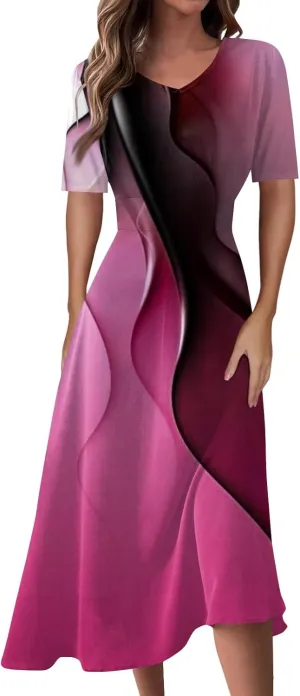 FlekmanArt Maxi Dress for Women Print Short Sleeve A-Line Beach Waist V Neck Trendy Swing Dress