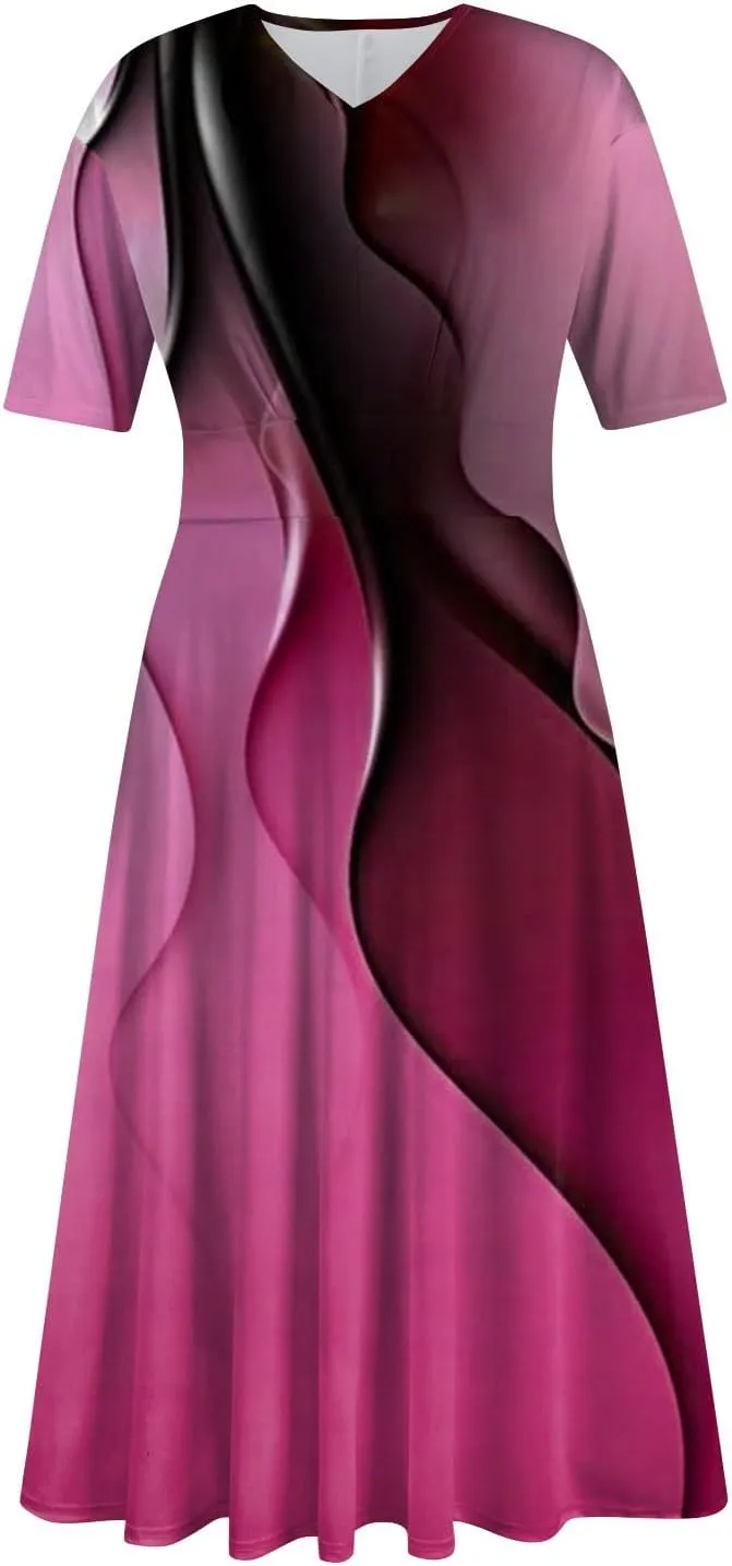 FlekmanArt Maxi Dress for Women Print Short Sleeve A-Line Beach Waist V Neck Trendy Swing Dress