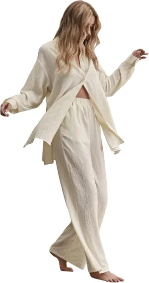 Floerns Women's 2 Piece Outfits Slit Hem Longline Blouse and Wide Leg Pants Set