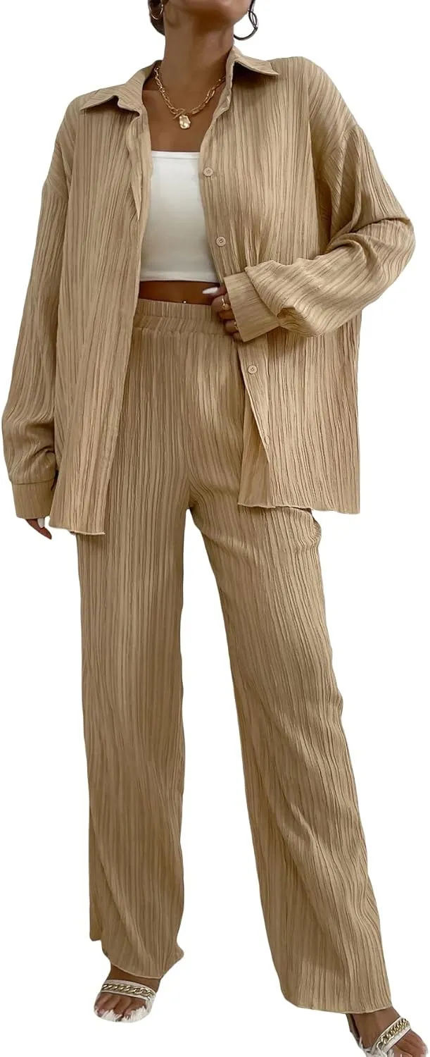 Floerns Women's 2 Piece Outfits Slit Hem Longline Blouse and Wide Leg Pants Set