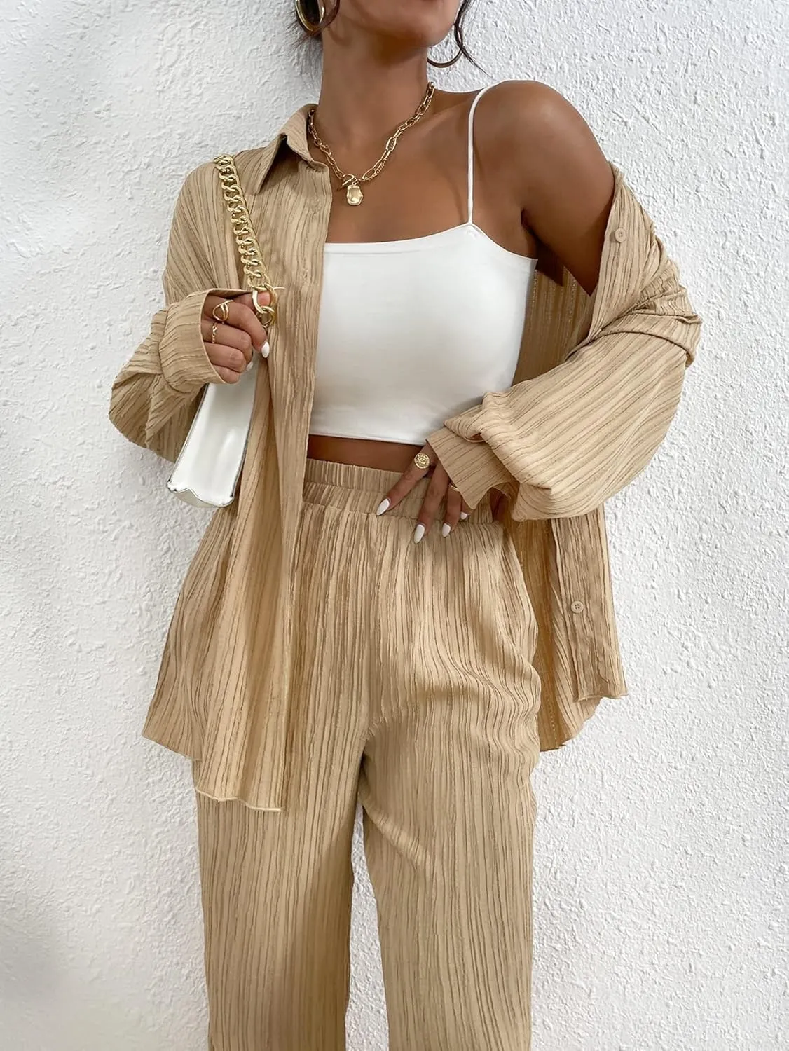 Floerns Women's 2 Piece Outfits Slit Hem Longline Blouse and Wide Leg Pants Set