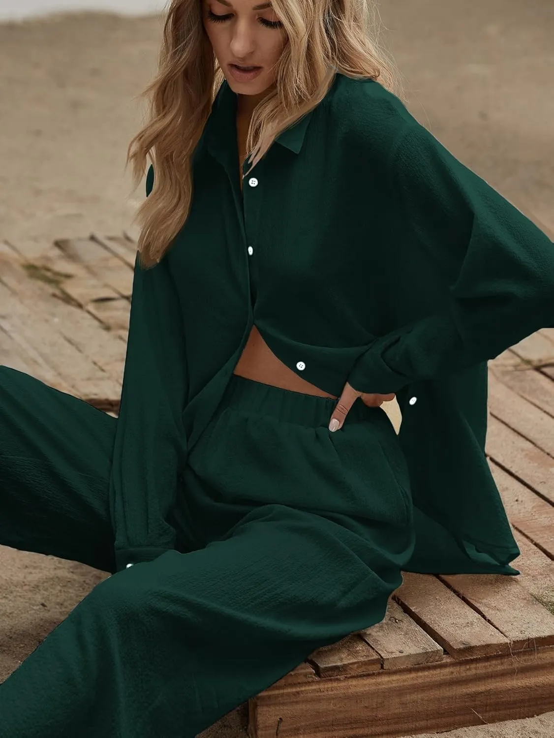 Floerns Women's 2 Piece Outfits Slit Hem Longline Blouse and Wide Leg Pants Set