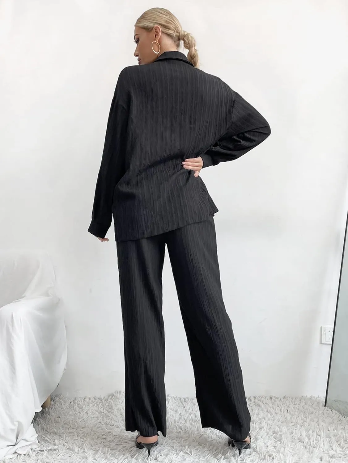 Floerns Women's 2 Piece Outfits Slit Hem Longline Blouse and Wide Leg Pants Set