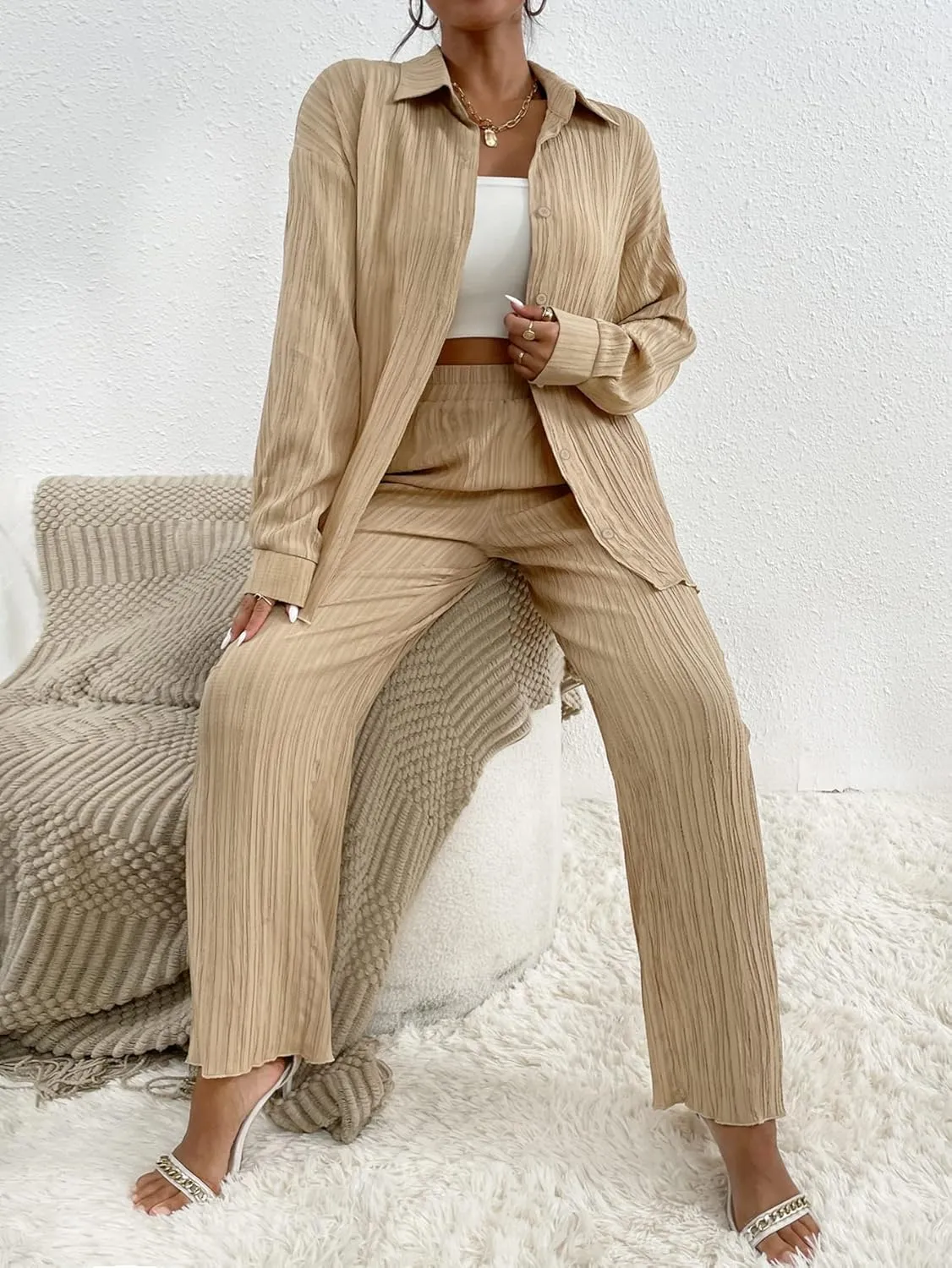 Floerns Women's 2 Piece Outfits Slit Hem Longline Blouse and Wide Leg Pants Set