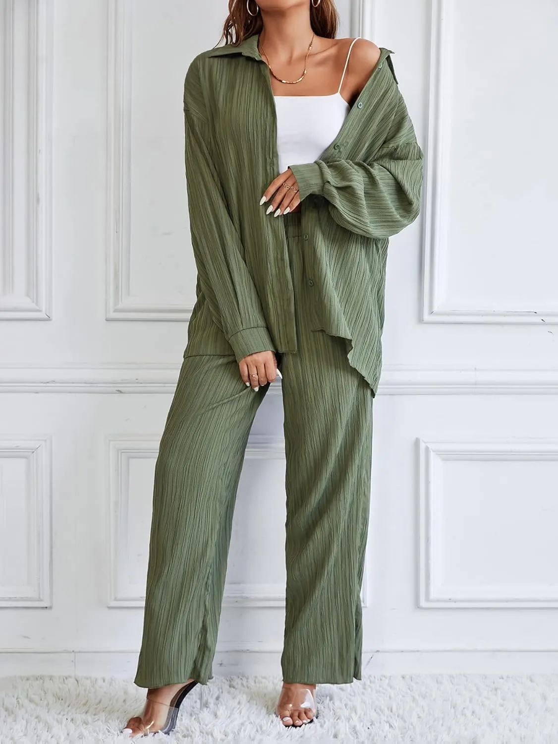 Floerns Women's 2 Piece Outfits Slit Hem Longline Blouse and Wide Leg Pants Set