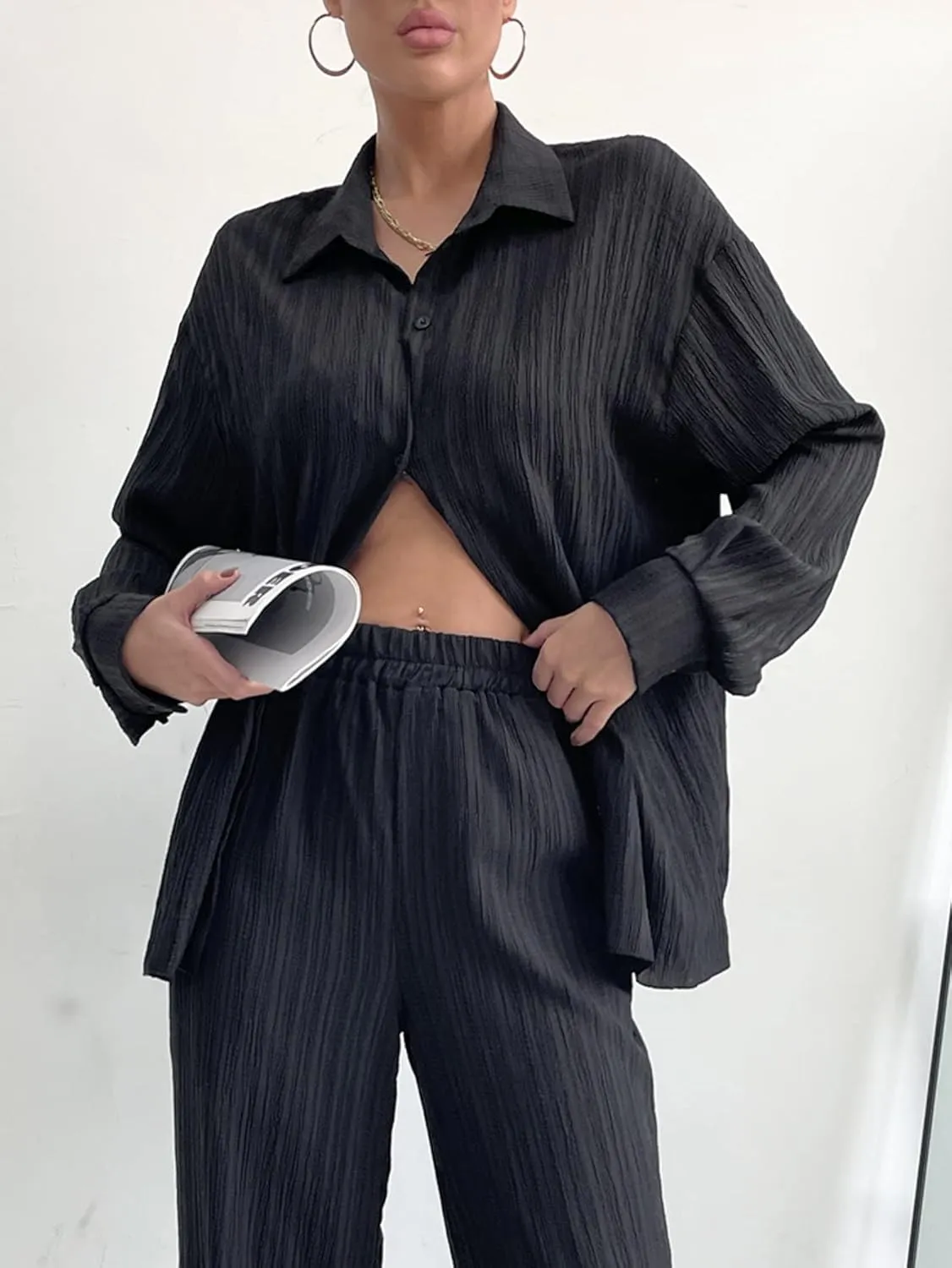 Floerns Women's 2 Piece Outfits Slit Hem Longline Blouse and Wide Leg Pants Set