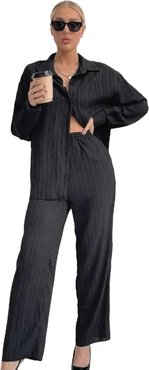Floerns Women's 2 Piece Outfits Slit Hem Longline Blouse and Wide Leg Pants Set
