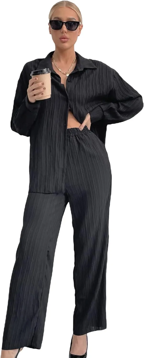 Floerns Women's 2 Piece Outfits Slit Hem Longline Blouse and Wide Leg Pants Set