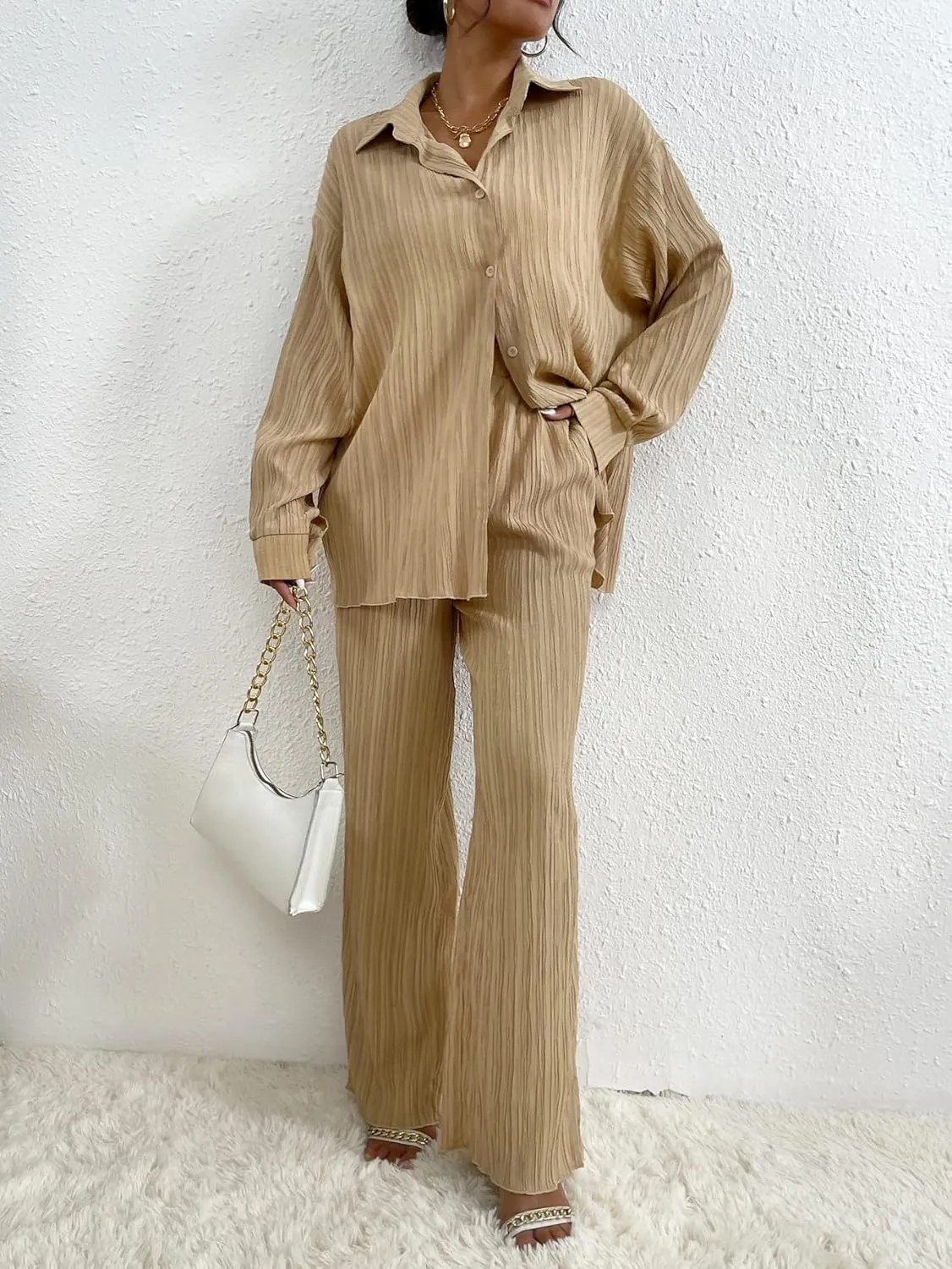 Floerns Women's 2 Piece Outfits Slit Hem Longline Blouse and Wide Leg Pants Set