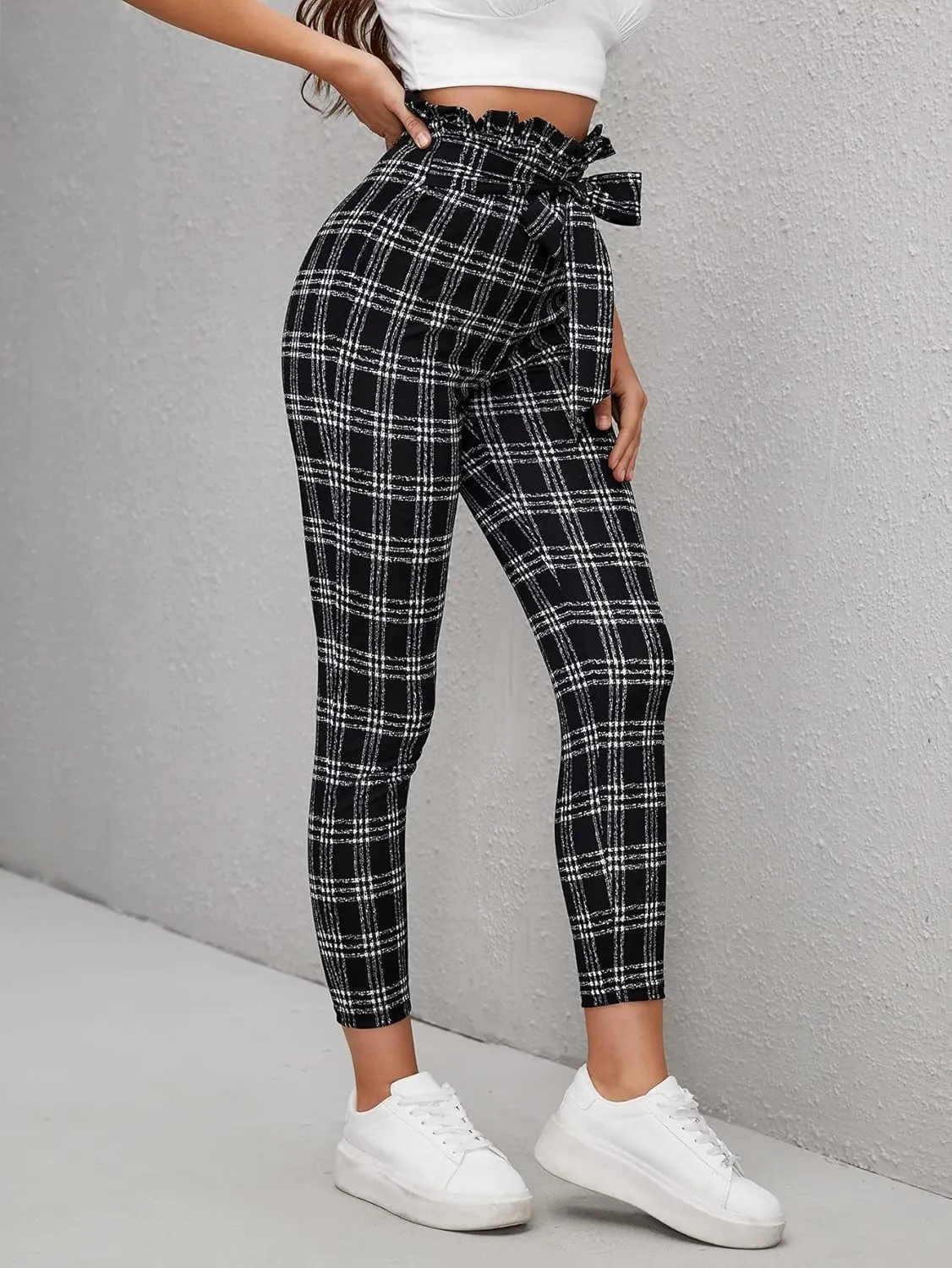 Floerns Women's High Waist Paper Bag Work Pants Stretchy Trouser with Belt