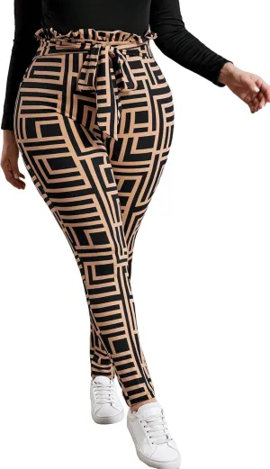 Floerns Women's High Waist Paper Bag Work Pants Stretchy Trouser with Belt