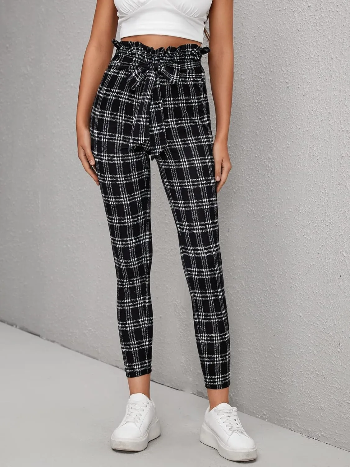 Floerns Women's High Waist Paper Bag Work Pants Stretchy Trouser with Belt