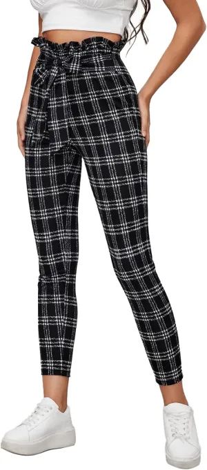 Floerns Women's High Waist Paper Bag Work Pants Stretchy Trouser with Belt