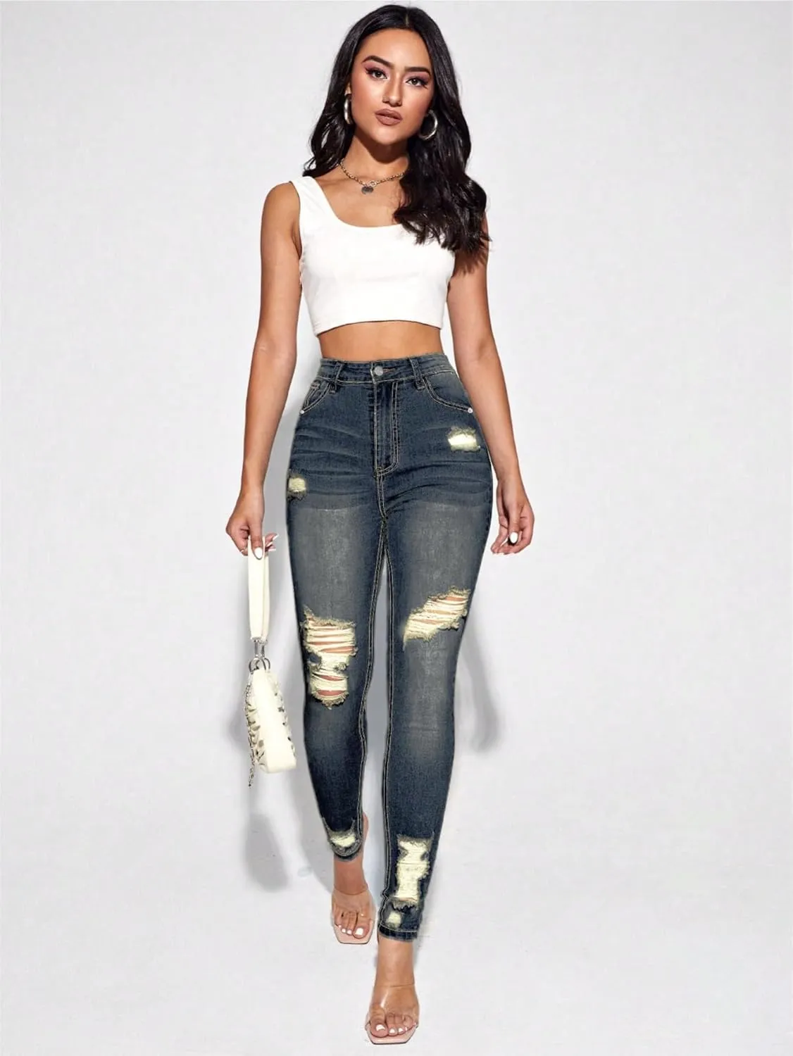 Floerns Women's Ripped High Waist Skinny Jeans Distressed Stretchy Curvy Denim Pants