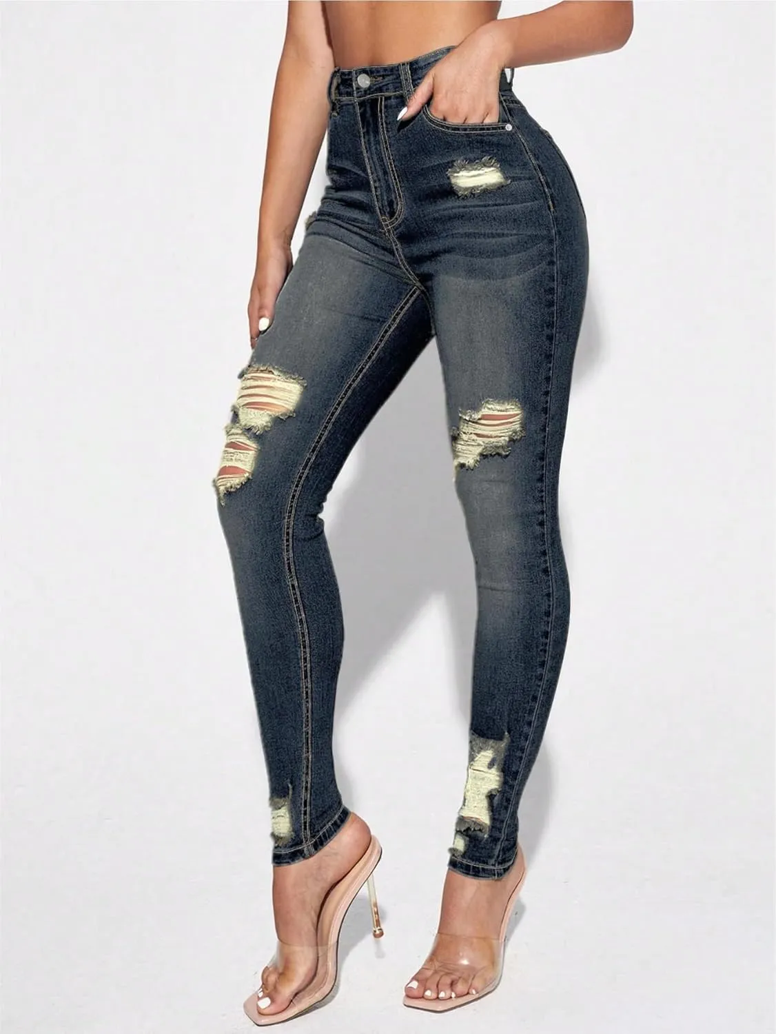 Floerns Women's Ripped High Waist Skinny Jeans Distressed Stretchy Curvy Denim Pants