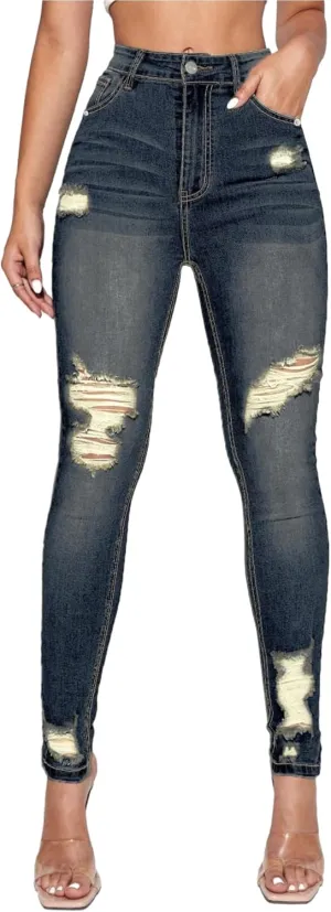 Floerns Women's Ripped High Waist Skinny Jeans Distressed Stretchy Curvy Denim Pants