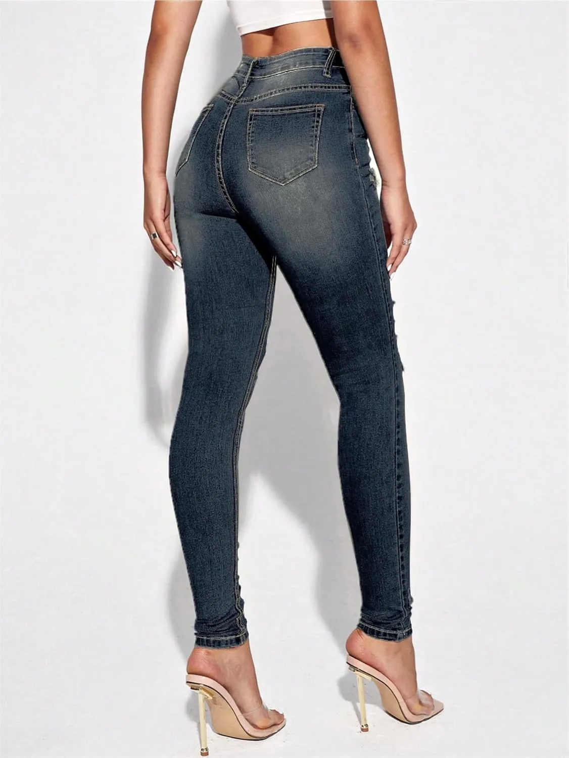 Floerns Women's Ripped High Waist Skinny Jeans Distressed Stretchy Curvy Denim Pants