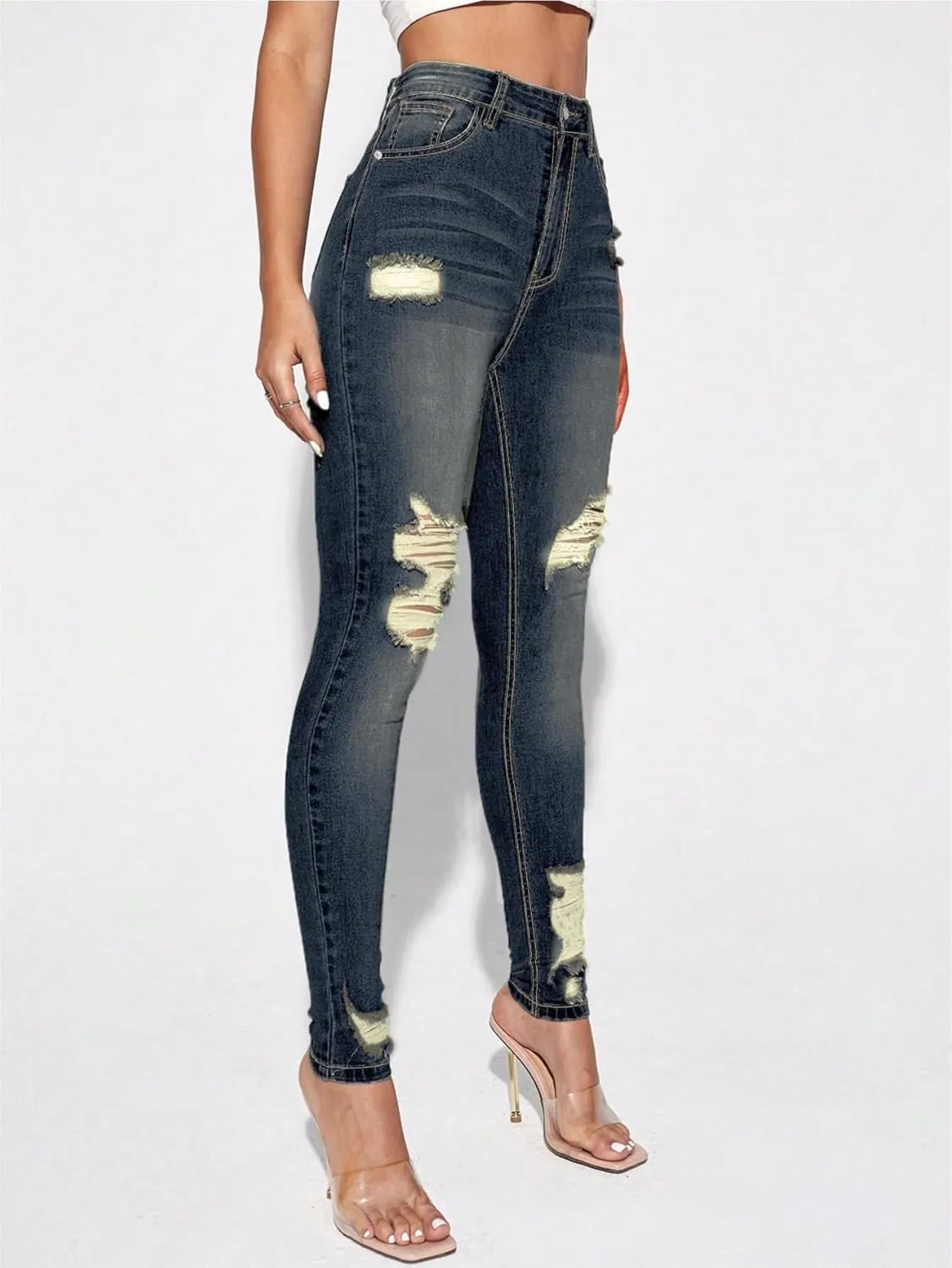 Floerns Women's Ripped High Waist Skinny Jeans Distressed Stretchy Curvy Denim Pants