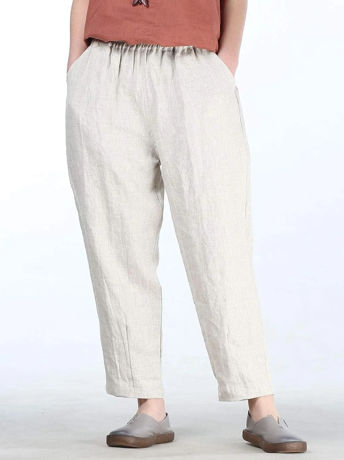 FTCayanz Women's Linen Harm Pants Summer Casual Cropped Pant Work Ankle Trousers with Pockets