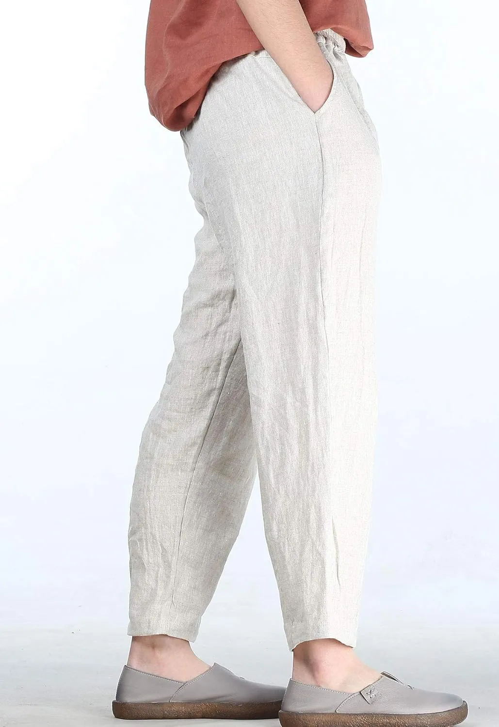 FTCayanz Women's Linen Harm Pants Summer Casual Cropped Pant Work Ankle Trousers with Pockets
