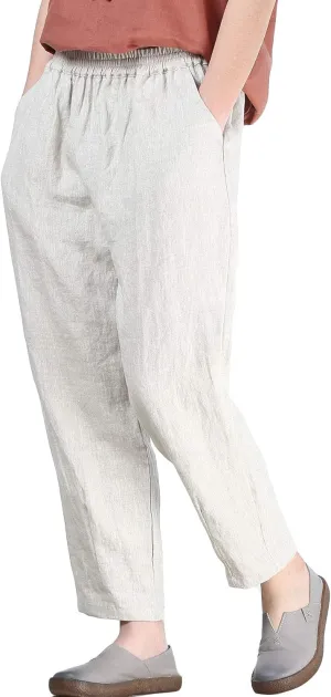 FTCayanz Women's Linen Harm Pants Summer Casual Cropped Pant Work Ankle Trousers with Pockets