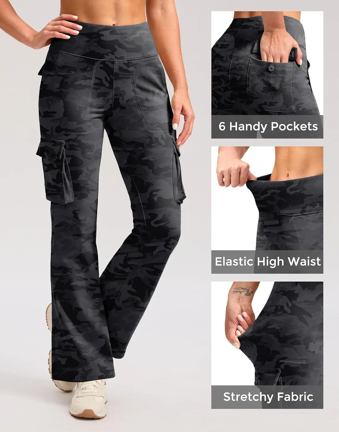 G Gradual Women's Fleece Lined Cargo Pants 6 Pockets Bootcut Water Resistant Winter Flare Leggings for Work, Hiking, Travel