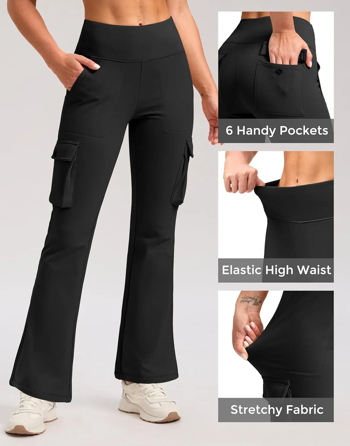 G Gradual Women's Fleece Lined Cargo Pants 6 Pockets Bootcut Water Resistant Winter Flare Leggings for Work, Hiking, Travel