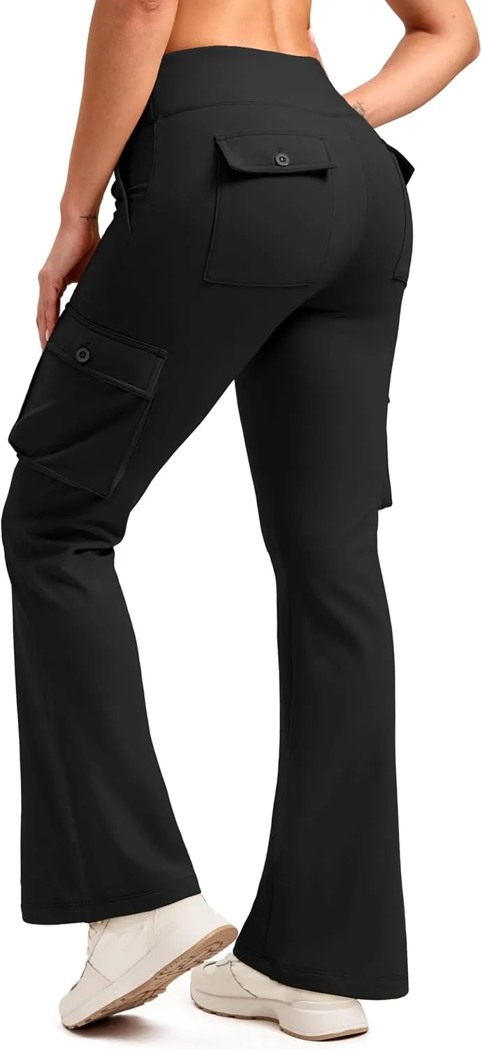 G Gradual Women's Fleece Lined Cargo Pants 6 Pockets Bootcut Water Resistant Winter Flare Leggings for Work, Hiking, Travel
