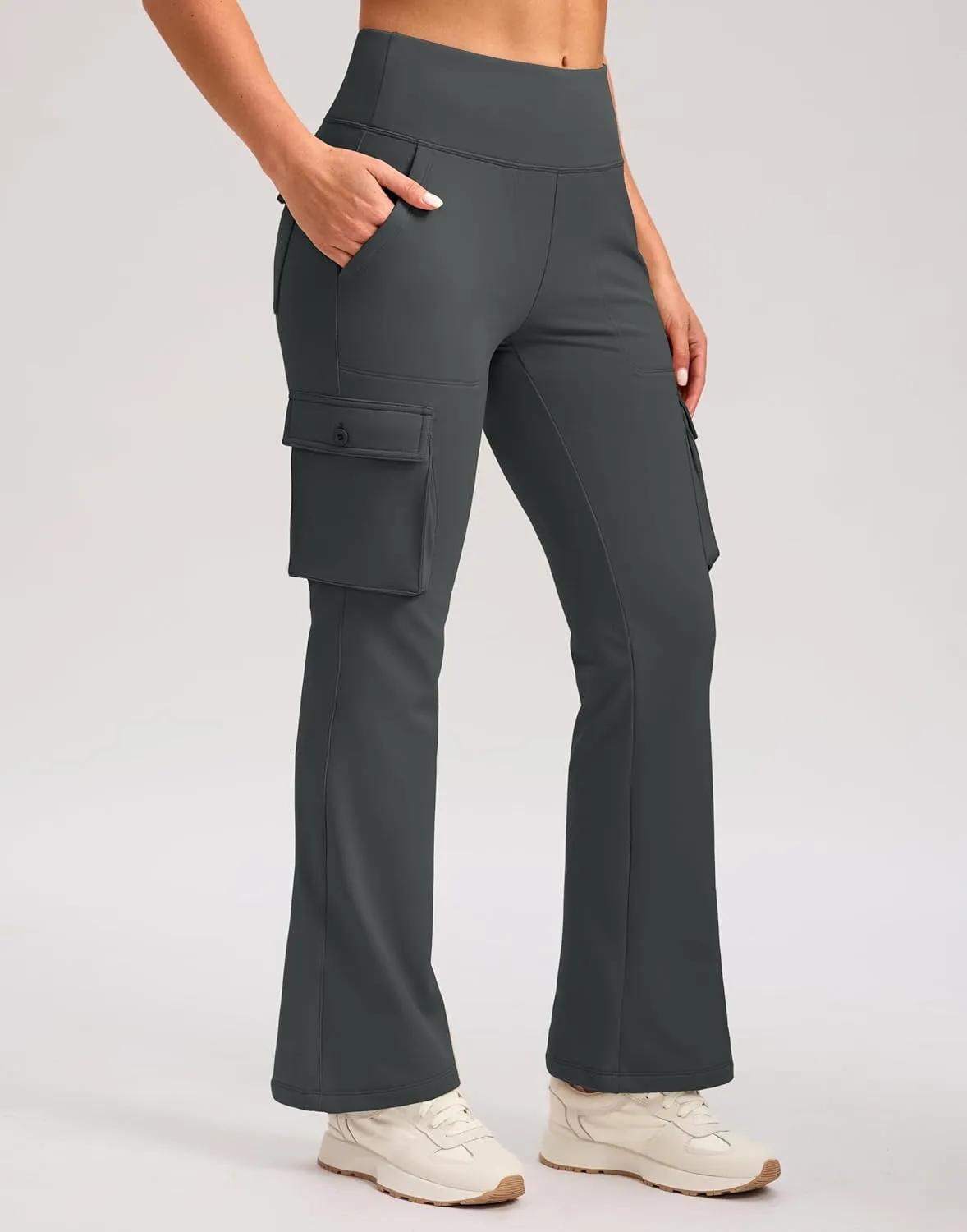 G Gradual Women's Fleece Lined Cargo Pants 6 Pockets Bootcut Water Resistant Winter Flare Leggings for Work, Hiking, Travel