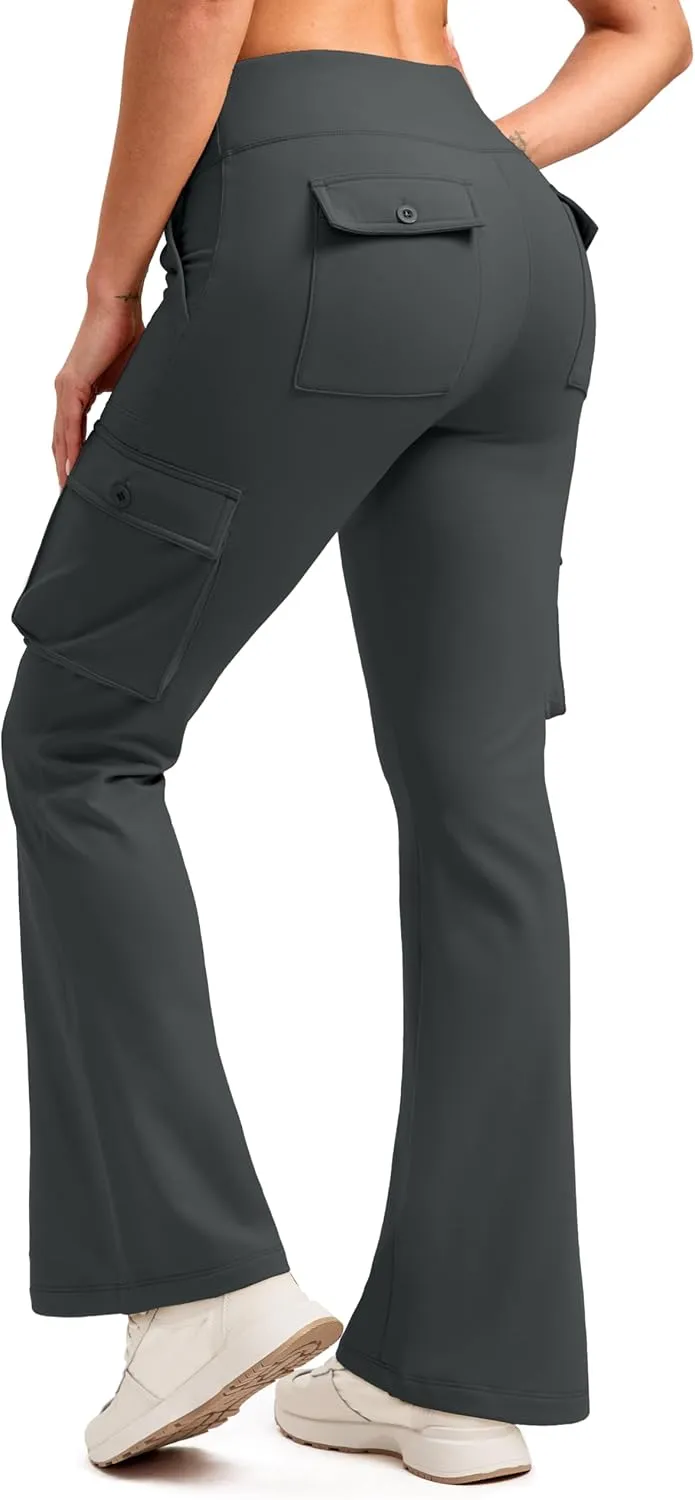 G Gradual Women's Fleece Lined Cargo Pants 6 Pockets Bootcut Water Resistant Winter Flare Leggings for Work, Hiking, Travel