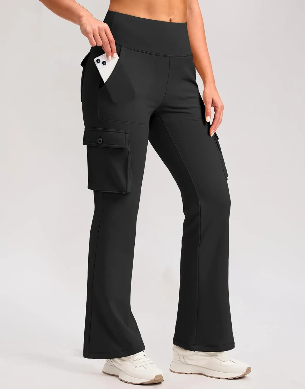G Gradual Women's Fleece Lined Cargo Pants 6 Pockets Bootcut Water Resistant Winter Flare Leggings for Work, Hiking, Travel