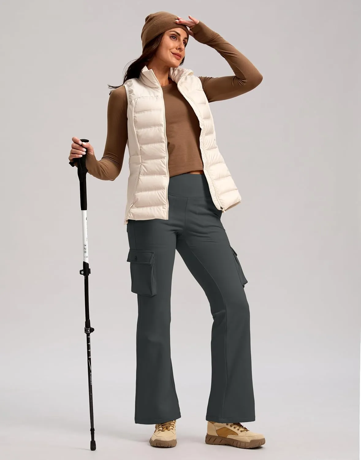 G Gradual Women's Fleece Lined Cargo Pants 6 Pockets Bootcut Water Resistant Winter Flare Leggings for Work, Hiking, Travel