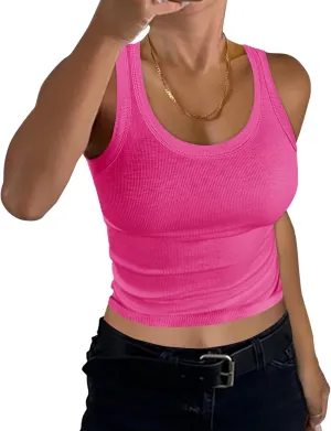 GEMBERA Women Sleeveless Scoop Neck Racerback Ribbed Knit Fitted Teen Basic Crop Tank Top Shirt