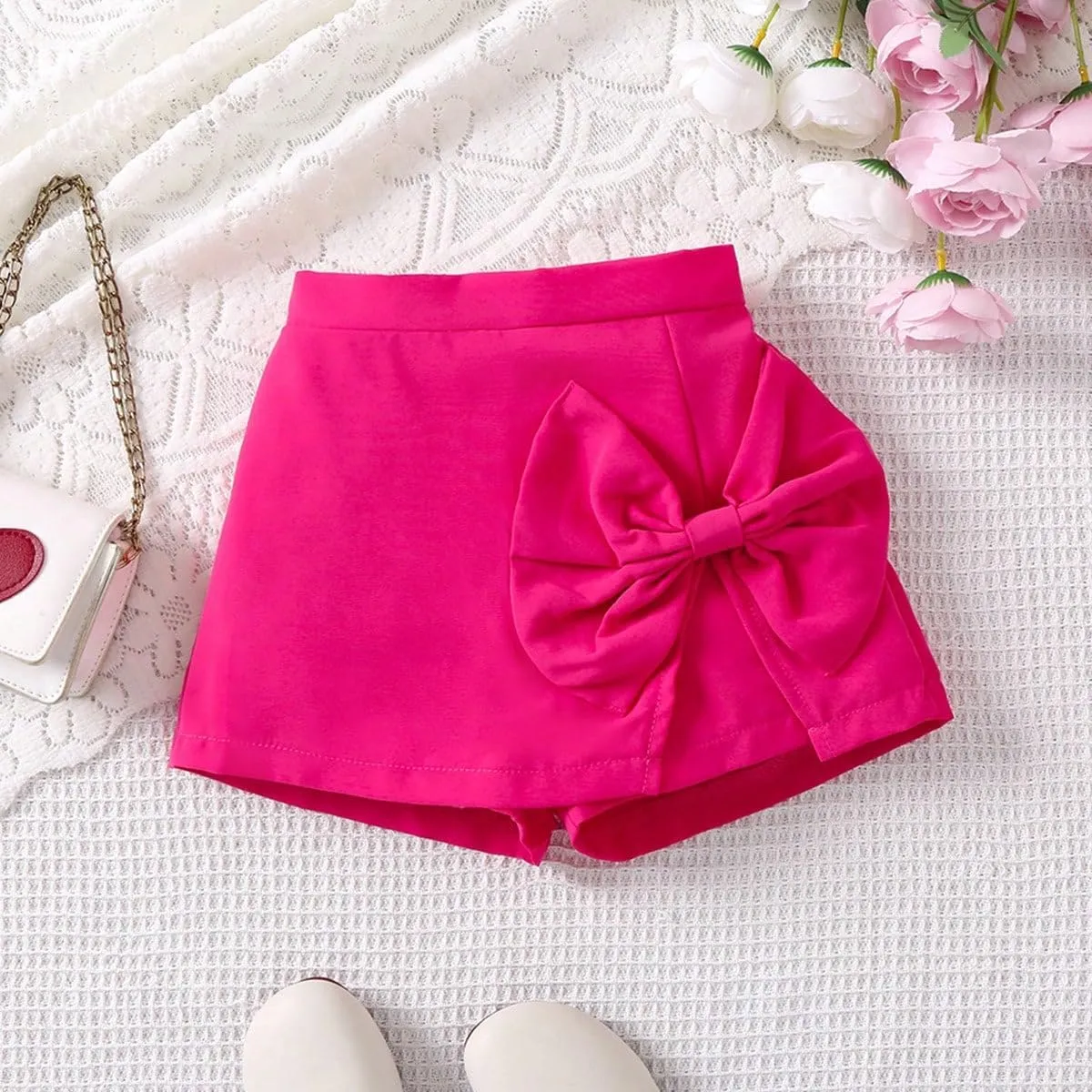 Girl's Elastic Waist Bow Front Trousers Split Straight Leg Cute Skort