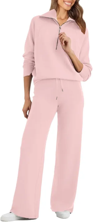 Glamaker Womens 2 Piece Outfits Sweatsuit Set Oversized Half Zip Sweatshirt Wide Leg Sweatpants Lounge Set Tracksuit