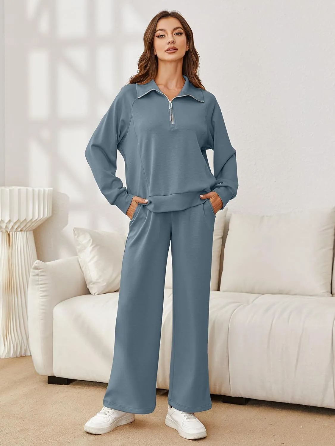 Glamaker Womens 2 Piece Outfits Sweatsuit Set Oversized Half Zip Sweatshirt Wide Leg Sweatpants Lounge Set Tracksuit
