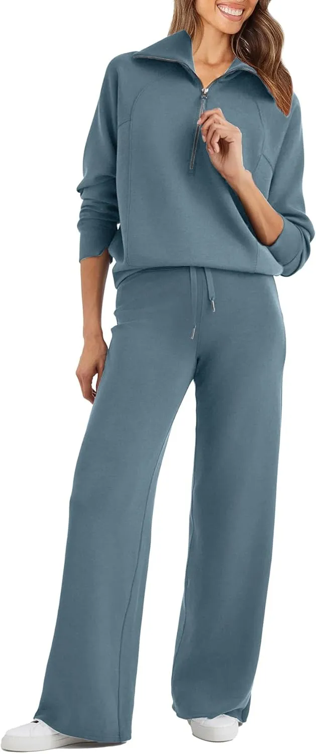 Glamaker Womens 2 Piece Outfits Sweatsuit Set Oversized Half Zip Sweatshirt Wide Leg Sweatpants Lounge Set Tracksuit