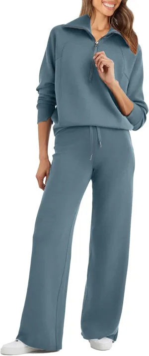 Glamaker Womens 2 Piece Outfits Sweatsuit Set Oversized Half Zip Sweatshirt Wide Leg Sweatpants Lounge Set Tracksuit