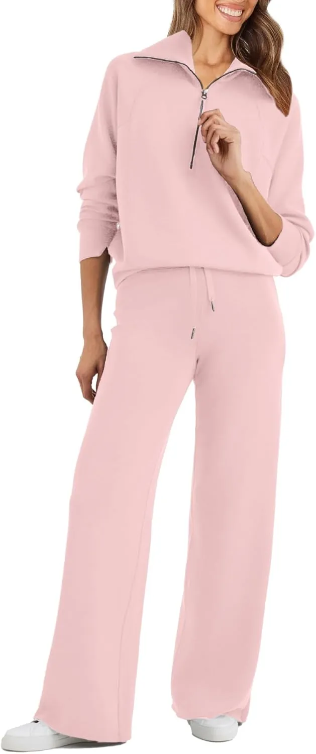 Glamaker Womens 2 Piece Outfits Sweatsuit Set Oversized Half Zip Sweatshirt Wide Leg Sweatpants Lounge Set Tracksuit