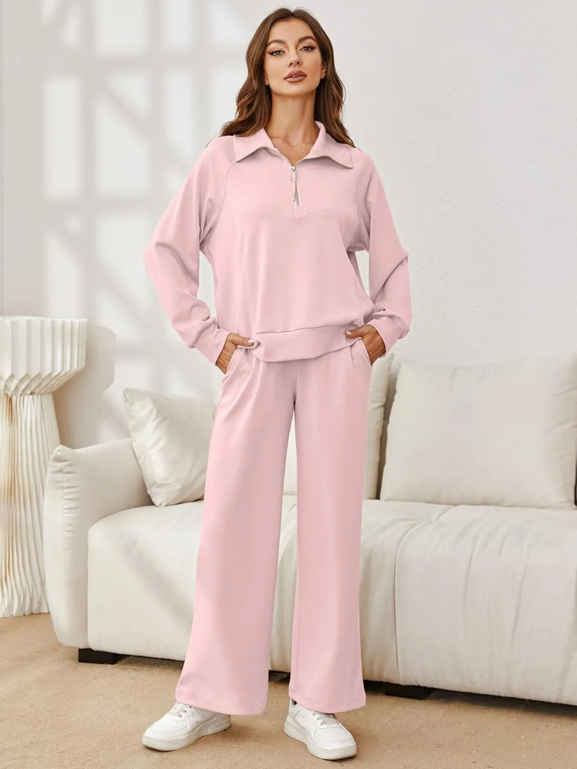 Glamaker Womens 2 Piece Outfits Sweatsuit Set Oversized Half Zip Sweatshirt Wide Leg Sweatpants Lounge Set Tracksuit