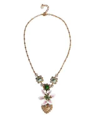 Gold Brass Lily Crystal Sacred Heart Pendant Necklace