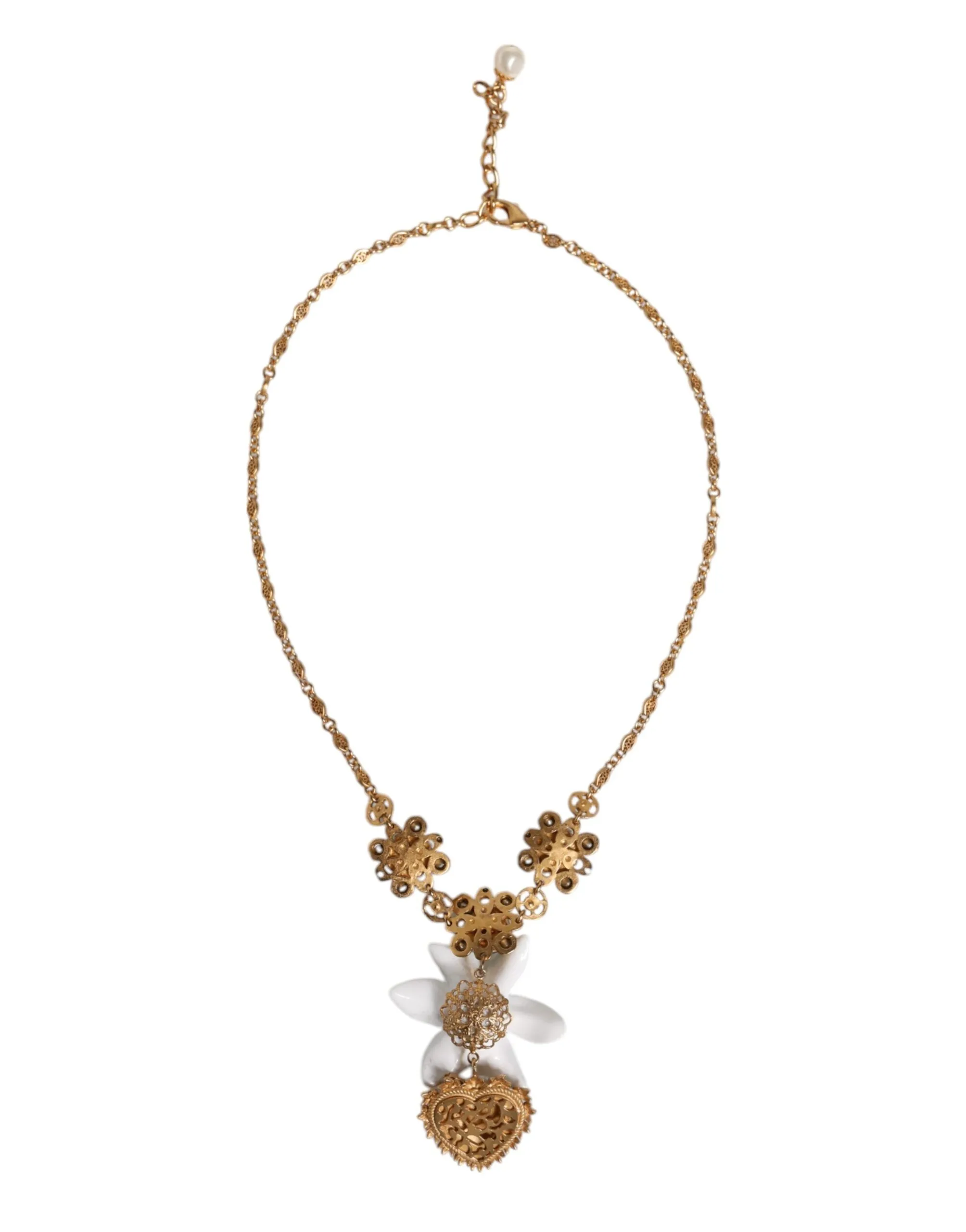 Gold Brass Lily Crystal Sacred Heart Pendant Necklace