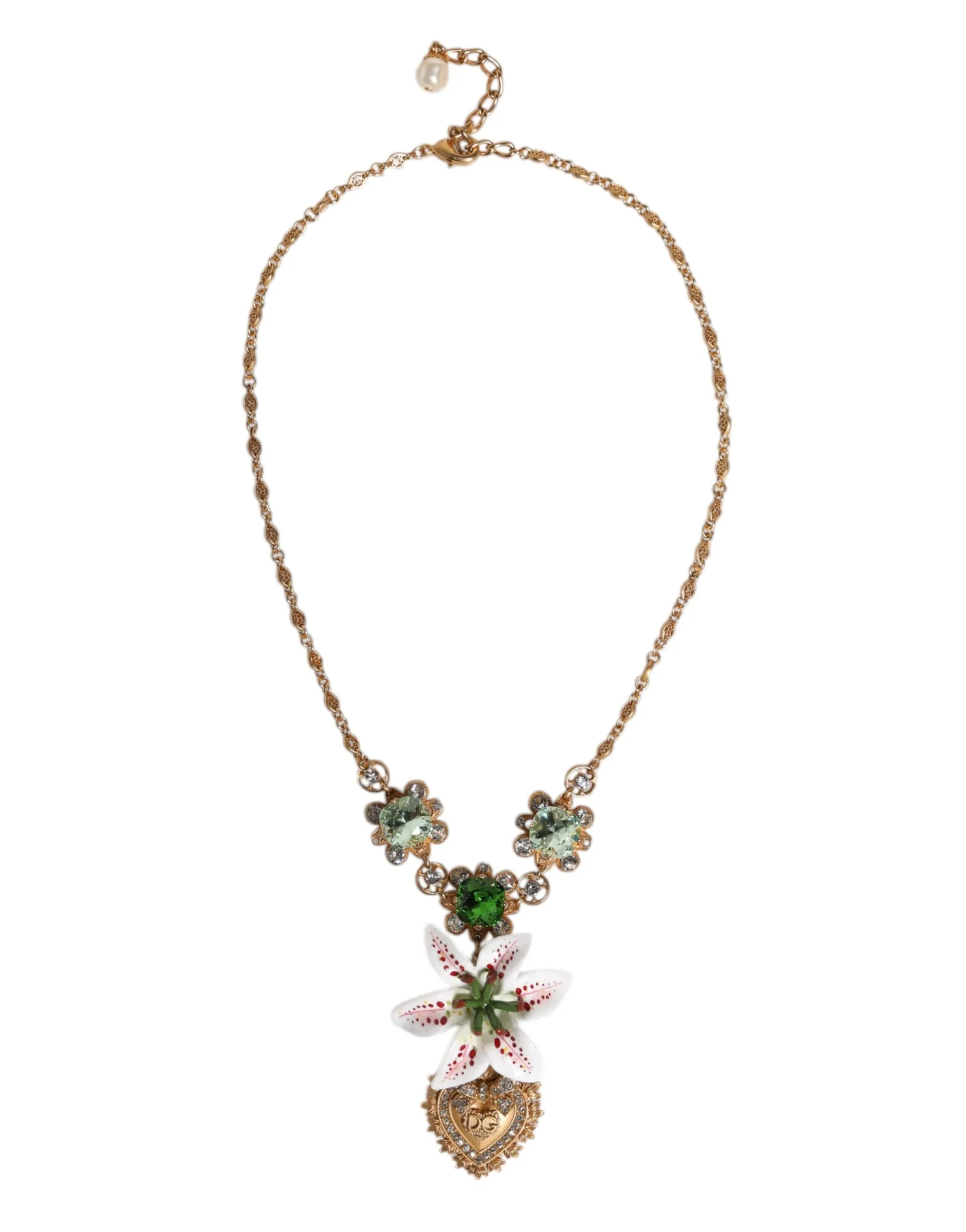 Gold Brass Lily Crystal Sacred Heart Pendant Necklace